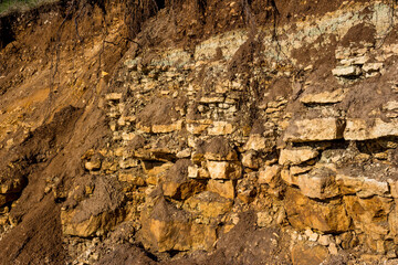 A slice of sedimentary rocks of Carboniferous clay and limestone, covered on top with a layer of Quaternary sediments. Kaluzhskiy region, Russia