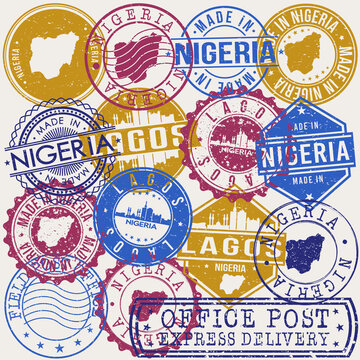 Lagos Nigeria Set of Stamps. Travel Stamp. Made In Product. Design Seals Old Style Insignia.