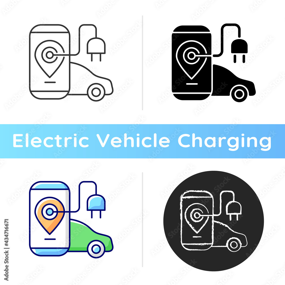 Poster ev charging app icon. digital application to find charging stations for electromobile. using device 