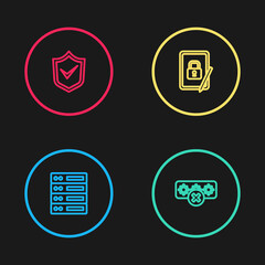 Set line Server, Data, Web Hosting, Password protection, Tablet with closed padlock and Shield check mark icon. Vector