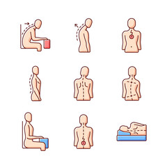 Back and posture problems RGB color icons set. Slouched position at desk. Roundback, hunchback. Spine natural curvature. Uneven hips and shoulders. Lower back pain. Isolated vector illustrations - obrazy, fototapety, plakaty