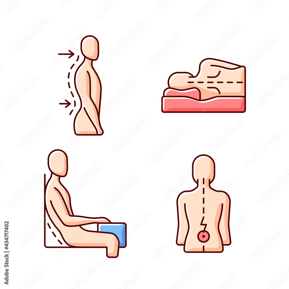 Wall mural Postural dysfunction RGB color icons set. Lumbar lordosis. Side-lying sleeping position. Incorrect sitting angle. Keeping spine straight. Exaggerated posture. Isolated vector illustrations