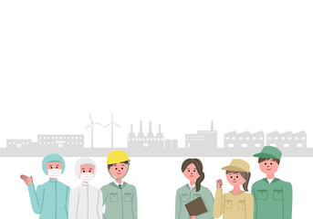 工場と工場で働く人々のイラスト