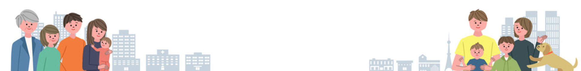 家族と街並みイラスト　横長バナー