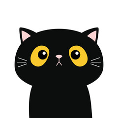 Black cat silhouette. Big yellow eyes. Moustaches. Cute kawaii cartoon character. Sad emotion face. Baby pet animal collection. Happy Halloween. Flat design. Orange background.