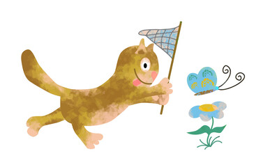 Funny ginger cat runs with a butterfly net after a butterfly. Vector illustration, design for banner, sticker and greeting card. Isolated on white background. Watercolor style