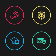 Set line Graduation cap with shield, Money, Shield dollar and Hand holding fire icon. Vector