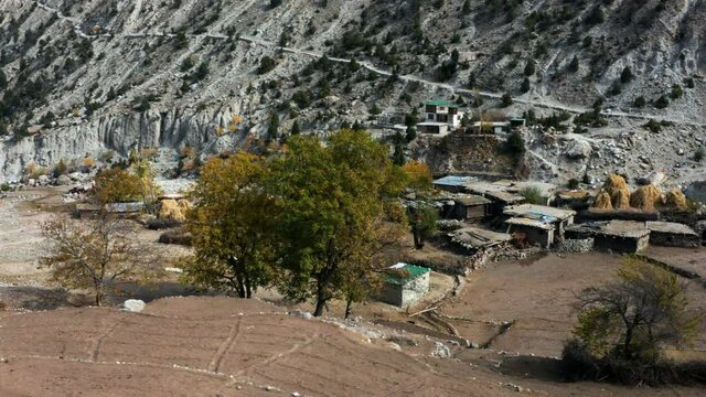 Drone shot of Tattu, local village by the Fairy Meadows Road, Pakistan