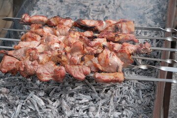 shashlik, pork kebab. pork meat on skewers grilled on charcoal from grapevines