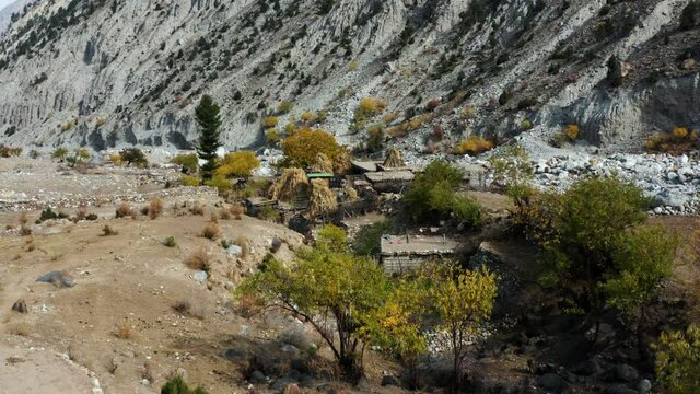 Aerial of Tato Village in autumn colors, Pakistani Himalaya mountains