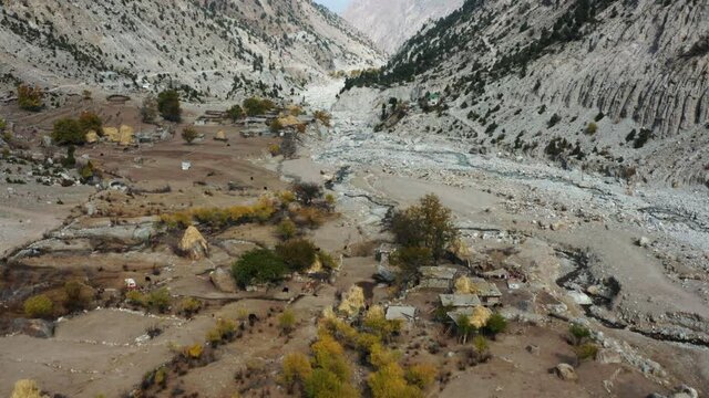 Flying over Tato Village, starting point of Fairy Meadows trekking road, Himalaya