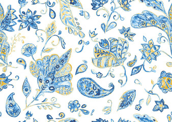 Paisley watercolor floral pattern tile with flowers, flores, tulips, leaves. Oriental traditional hand painted water color whimsical seamless print for ceramic design. Abstract indian batik background