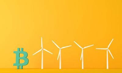 Bitcoin cryptocurrency eco impact. bitcoin with wind turbine. 3d rendering
