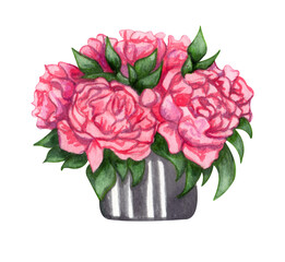 Watercolor peonies bouquet in a basket isolated on white background. Hand painted pink flowers and green leaves. Floral illustration