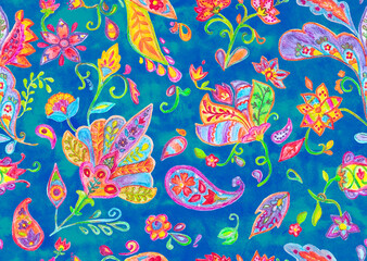 Obraz premium Hand drawn flower seamless pattern (tiling). Colorful seamless pattern with flowers, paisley and leaves. Isolated objects on a white background. Doodle style. Perfect for textile, cover design.