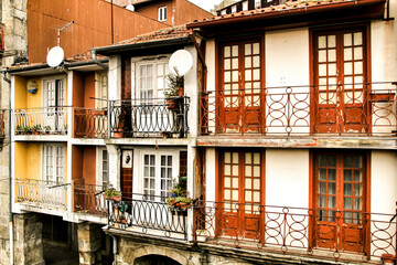 Old colorful tiled facades in Porto city
