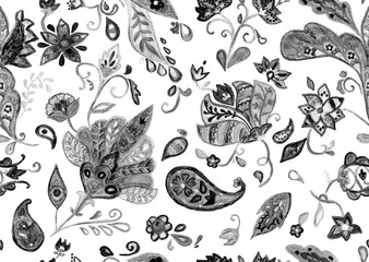 Paisley watercolor floral pattern tile:  flowers, flores, tulips, leaves. Oriental indian traditional hand painted water color whimsical seamless print, ceramic design. Abstract india batik background