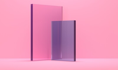 Abstract pink studio background and colored glass. 3d rendering