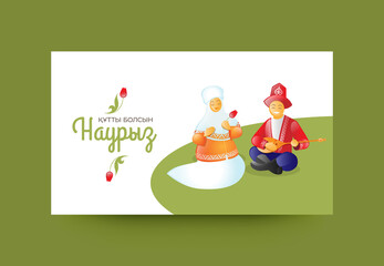 Kazakh man in national costume plays the dombra. Kazakh woman holding a tulip in her hands. Celebrating Nauryz. Greeting card. Vector illustration. Inscription in Kazakh: Congratulation on Nauryz