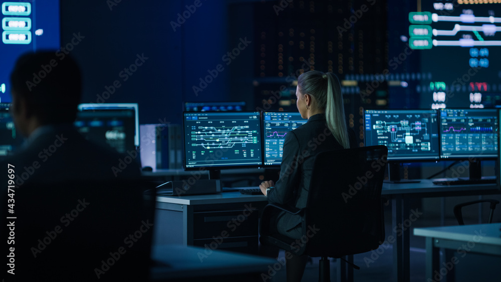 Poster Computer Science Female Engineer Working under Important Project on Personal Computer Showing Infrastructure Infographics and Data.Telecommunications Control Monitoring Room with People Working.