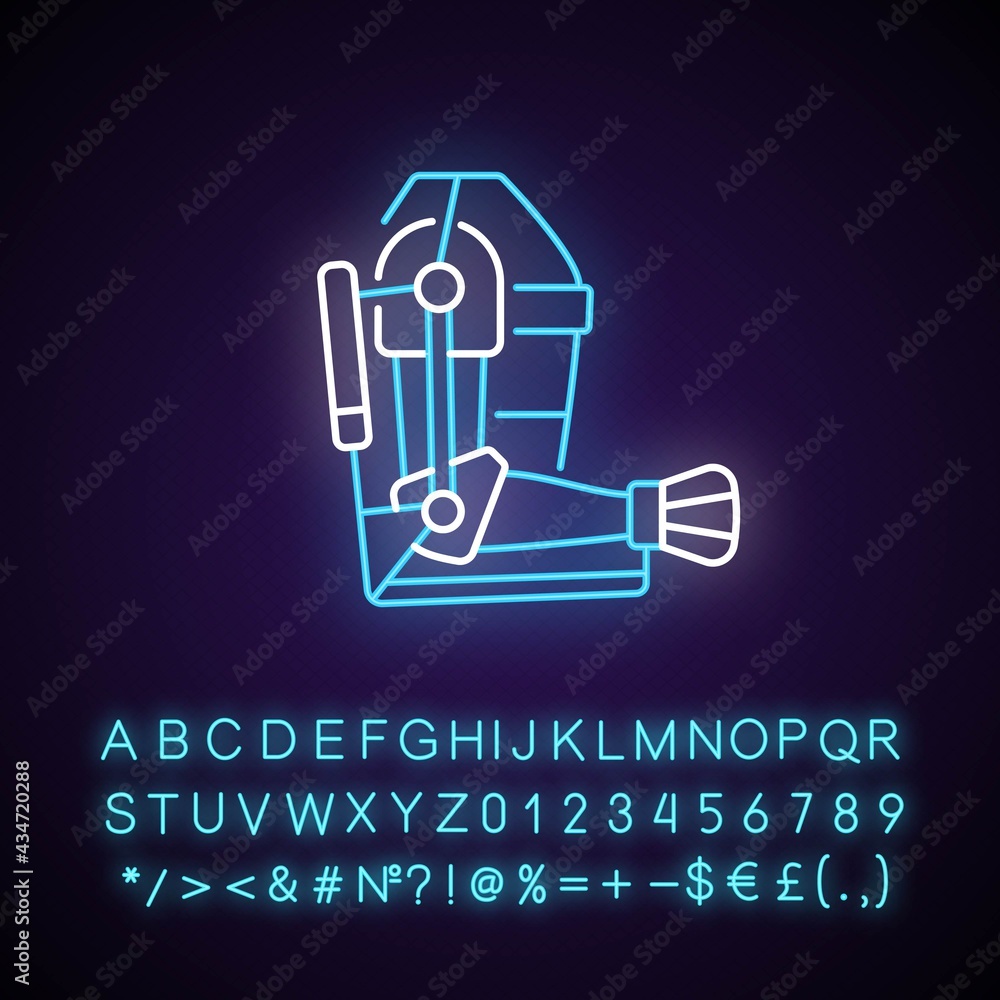 Poster exoskeleton neon light icon. advanced prosthesis. progressive device. futuristic technology. outer g