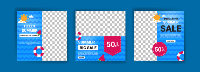 First day of summer. Hello summer. Summer sale. Banners vector for social media ads, web ads, business messages, discount flyers and big sale banner.