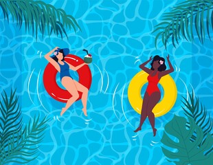 Woman in swimsuit summer vacation on swimming pool Rubber ring or inflatable ring. Blue sea island resort. Summer vacation concept. Girl in bikini. Tropical paradise. Palm leaves, wave seaside.
