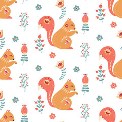 Scandinavian squirrel seamless pattern folk forest animal background