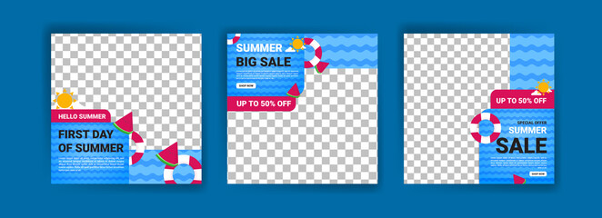 First day of summer. Hello summer. Summer sale. Banners vector for social media ads, web ads, business messages, discount flyers and big sale banner.