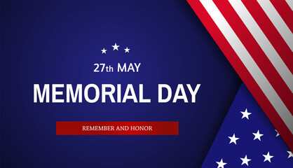 Memorial Day banner design with US flag and text on blue background. 27th may. -Vector