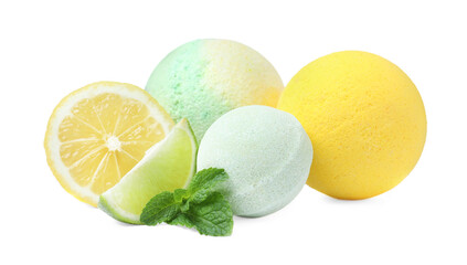 Citrus bath bombs and fresh fruits with mint on white background