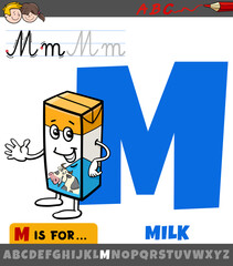 letter M from alphabet with cartoon milk box