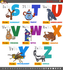 educational cartoon alphabet letters for children set from S to Z