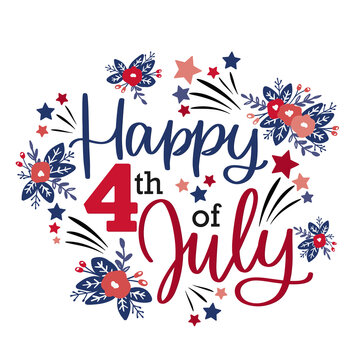 Happy 4th of July greeting lettering sign. Vector calligraphy design for Independence day card, poster or banner decoration with flowers and stars in pink, blue and red colours.