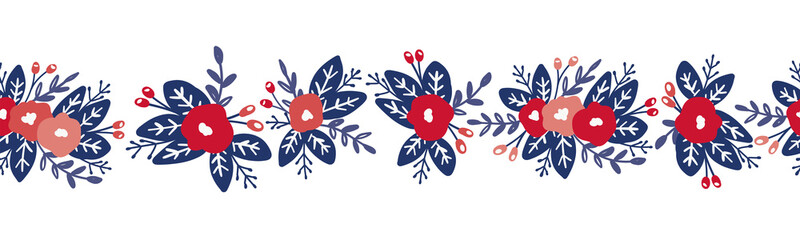 Red and blue rustic flower seamless border with transparent background. Isolated hand-drawn floral design for fabric print or tableware decoration.