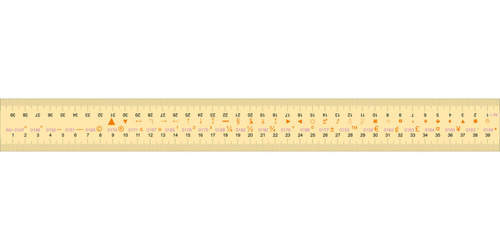 A ruler with codes for entering special characters (alt + numeric keypad). For layout and design. 40 centimeters.