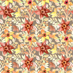 Floral watercolor seamless pattern with yellow and brown flowers for textile, packaging, greeting cards, invitations, wedding decoration