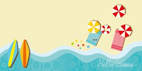 Fototapeta na wymiar Summer Vacation concept banner illustration. Summer beach with Beach Umbrellas and surfboards. Hello summer decorative background. Vector illustration.