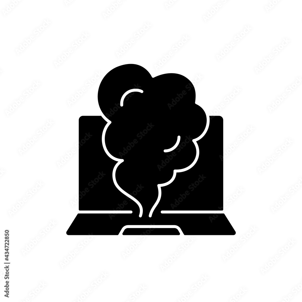 Poster smoking computer black glyph icon. symptom of overheating hardware. broken notebook. system failure.