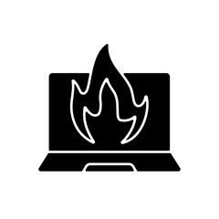 Computer burning black glyph icon. Hardware crash, overheating issue. Burning laptop. Electronics destruction. Broken technology. Silhouette symbol on white space. Vector isolated illustration