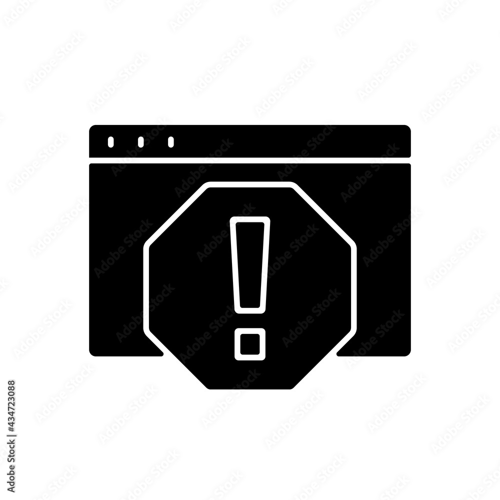 Poster computer error black glyph icon. system failure, message window for pc monitor. cyber safety danger.
