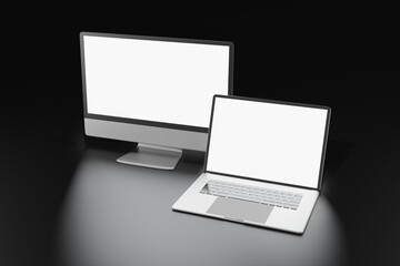 3d rendering illustration of laptop computer with screen monitor mockup. office work equipment stuff. copy space for advertising