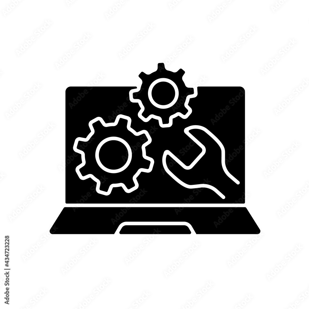 Poster computer repair service black glyph icon. installing software on notebook. upgrade system. tech supp