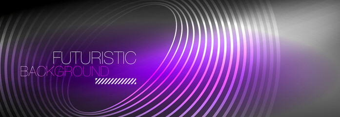 Dark abstract background with glowing neon circles. Trendy layout template for business or technology presentation, internet poster or web brochure cover, wallpaper