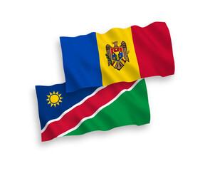 National vector fabric wave flags of Republic of Namibia and Moldova isolated on white background. 1 to 2 proportion.
