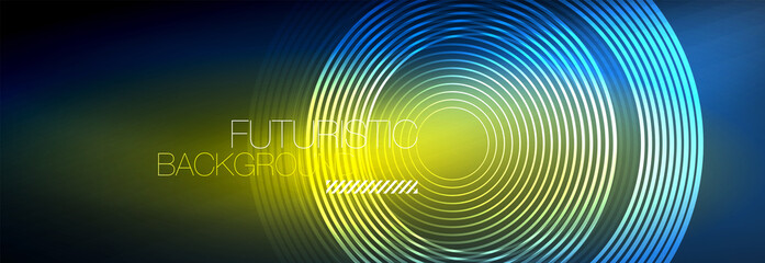 Fototapeta premium Dark abstract background with glowing neon circles. Trendy layout template for business or technology presentation, internet poster or web brochure cover, wallpaper