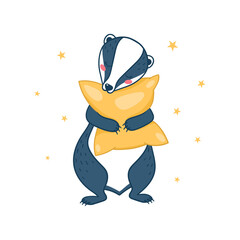 A badger is sleeping with a pillow. Vector illustration isolated on white background. Children's design, print, poster.
