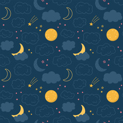 Vector seamless pattern of the night sky with moon, cloud, star. Children's design for nursery, poster, fabric, textile, print, wallpaper. - 434724647
