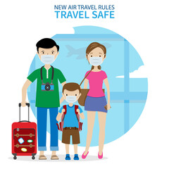 Family at the airport with masks.  Travel safe
