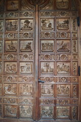 Wooden door in the narthex of the Russian Orthodox Church of the Nativity in Florence, Italy